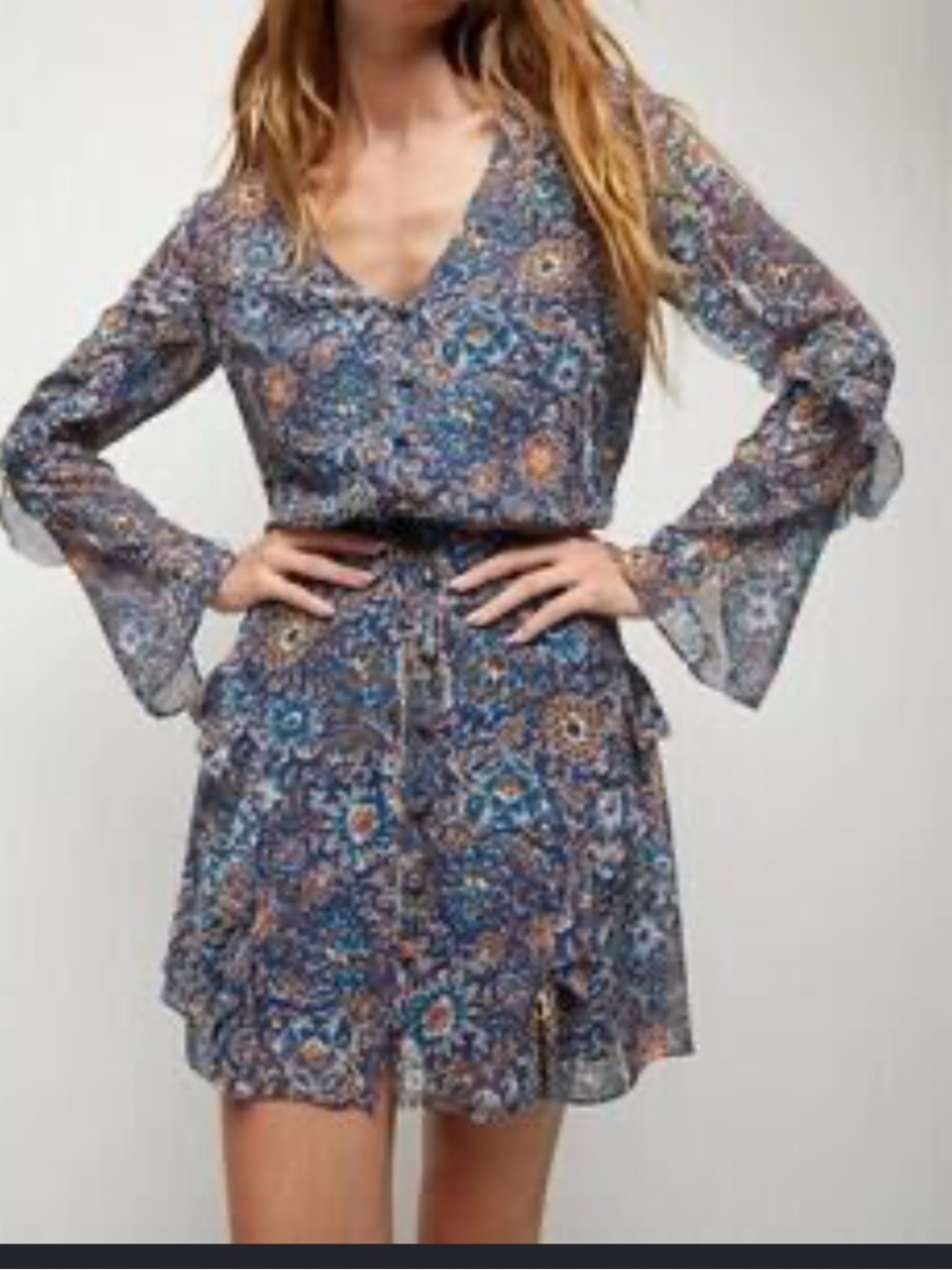 Veronica Beard Blue Floral Blouse with Mustard Accents